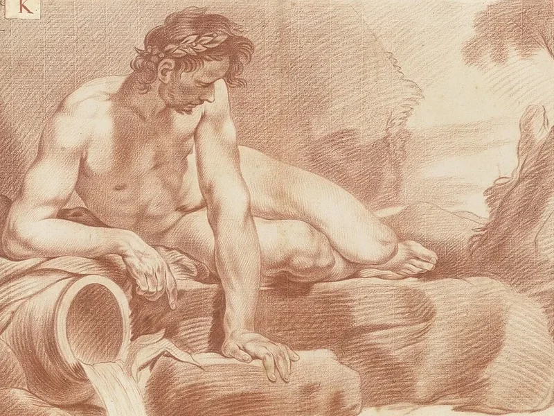 1745-Rochus Serneels - Studio tratto da una stampa- nudo maschile sdraiato con brocca d'acqua